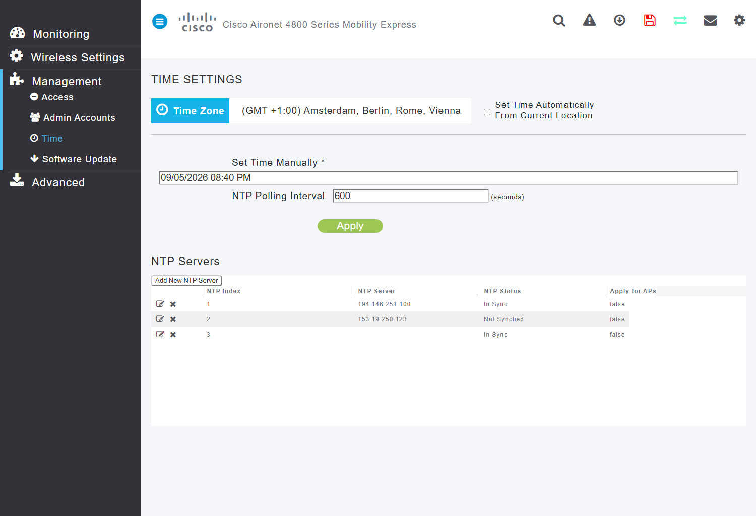 Strona Management → Time z tabelą serwerów NTP i kolumną Apply for APs