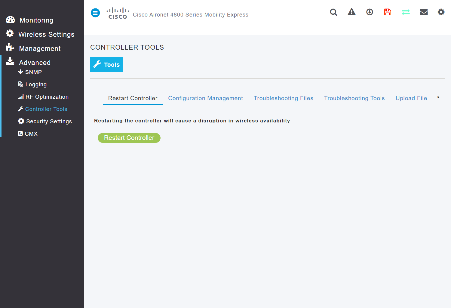Strona Controller Tools z zakładkami Restart Controller i Configuration Management