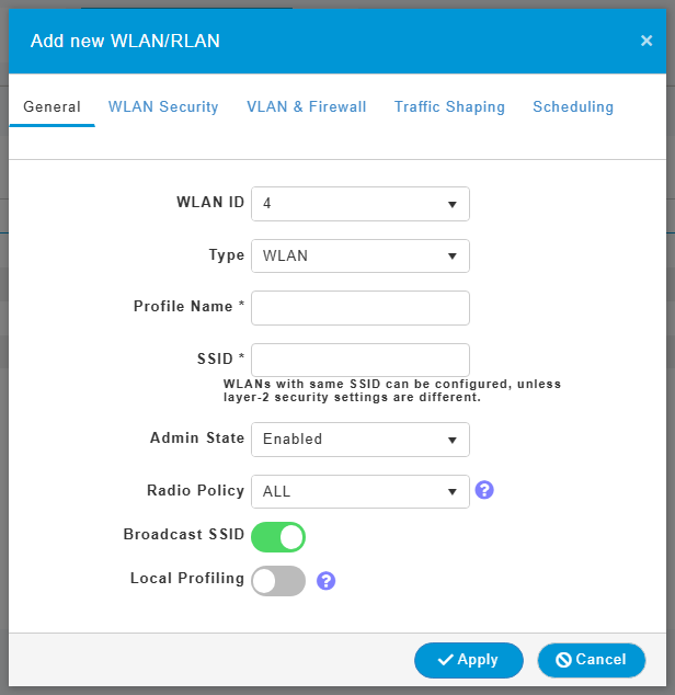 Okno Add new WLAN/RLAN z zakładkami General, WLAN Security, VLAN & Firewall